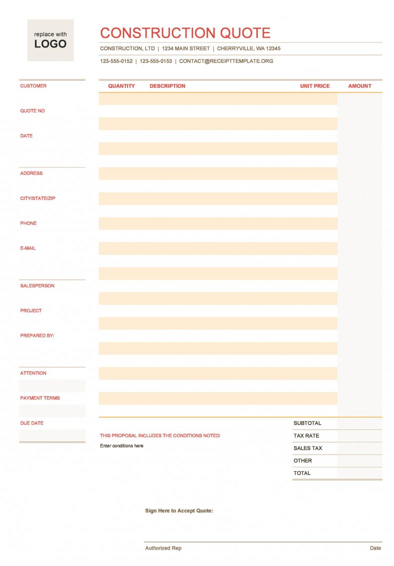 6+ Free Construction Quote Templates Free Quotation Templates Estimate