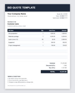 Free bid quote template Excel preview