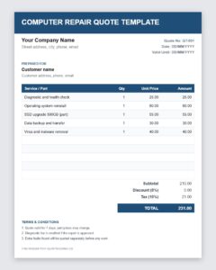 Free computer repair quote template Excel preview