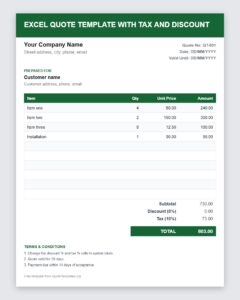 Free Excel quote template with tax and discount preview