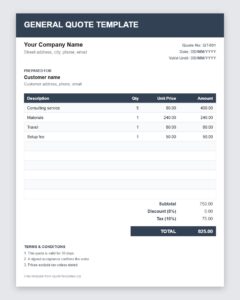 Free general quote template Excel preview