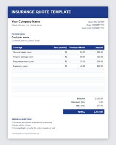 Free insurance quote template Excel preview