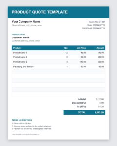 Free product quote template Excel preview
